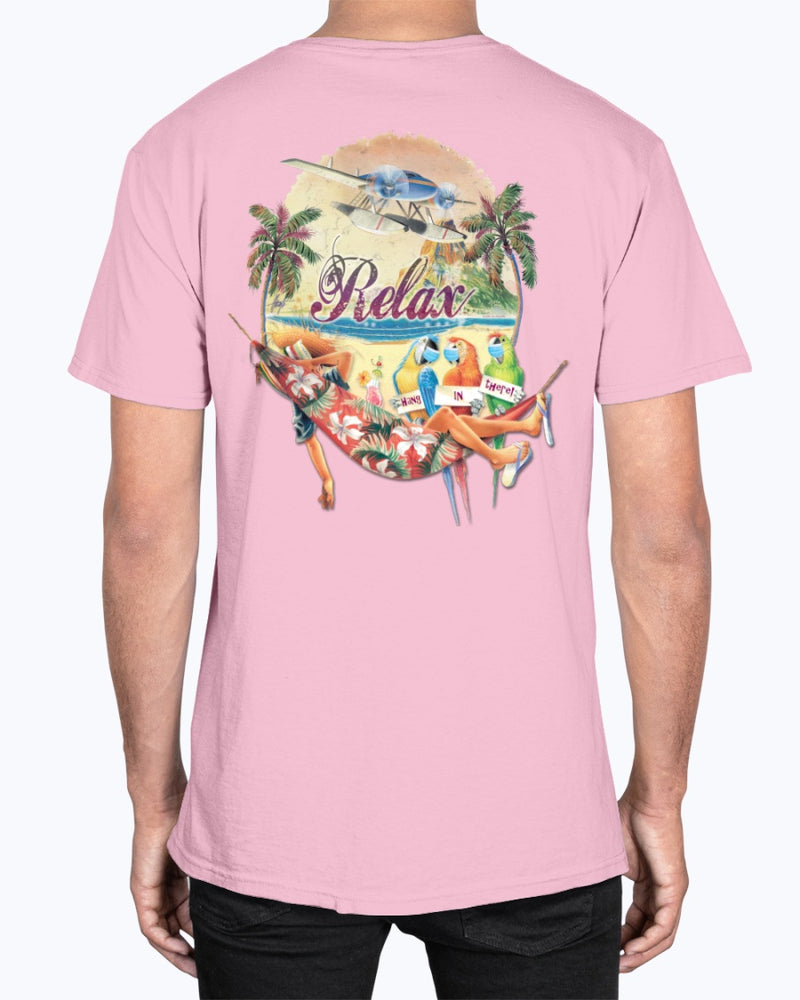 Relax Hammock Premium Social Distancing Funny Shirt Parrots with facemasks Beach Tshirt pink
