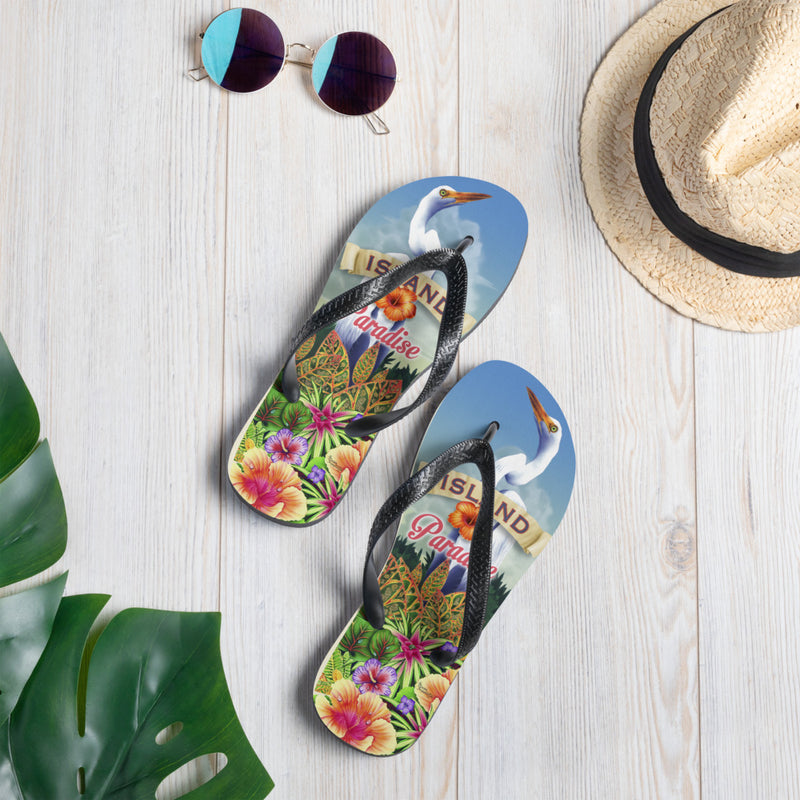 Exclusive Island Paradise Tropical Heron Flip Flops Art by Jim Mazzotta