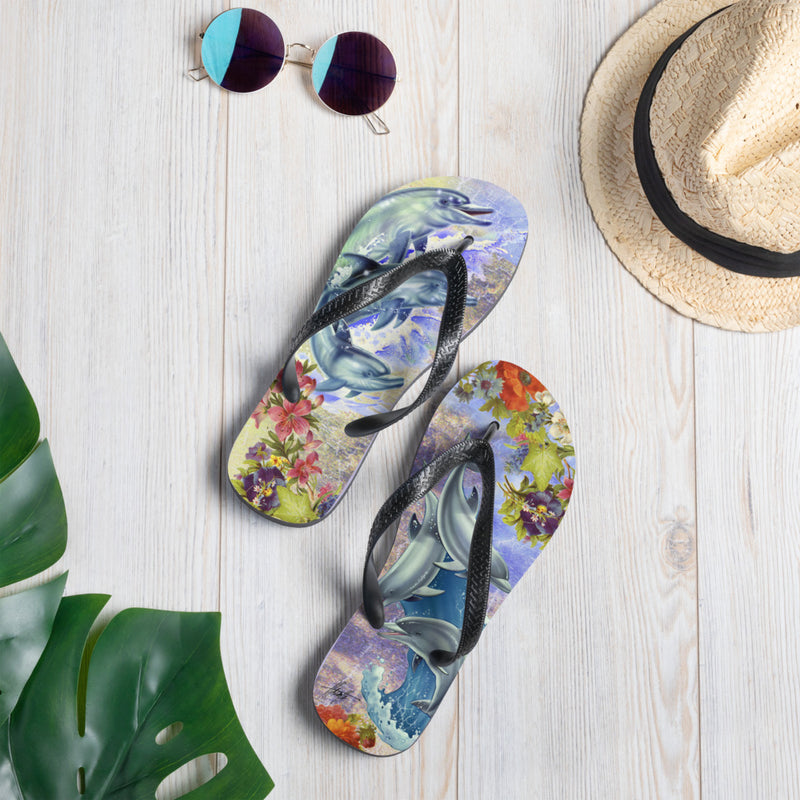 Exclusive Dolphins at Play Flip Flops Artwork by Jim Mazzotta Womens Cute Beach Floral Ladies Sandals pink purple