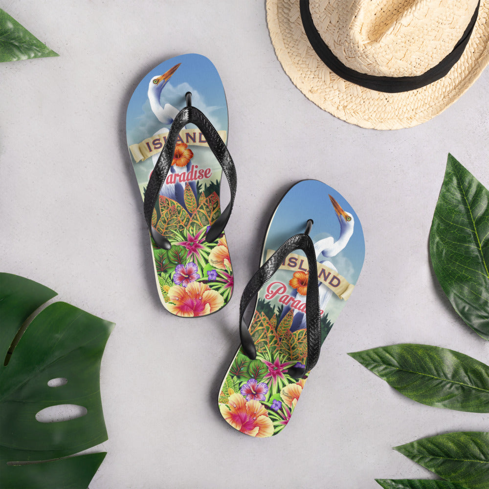 Exclusive Island Paradise Tropical Heron Flip Flops Art by Jim Mazzotta