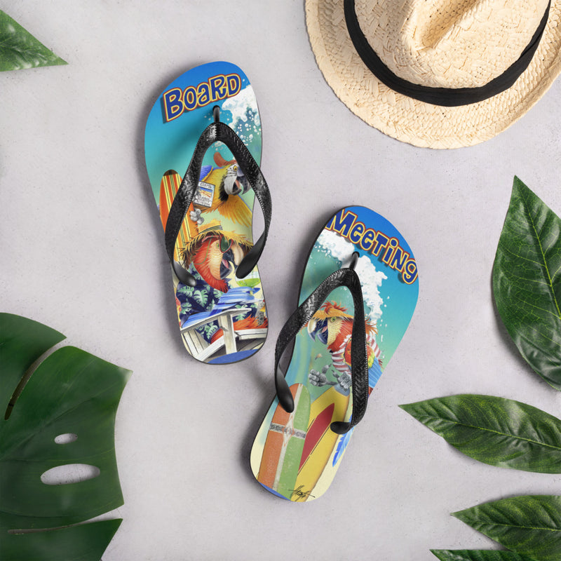 Exclusive Beach Flip Flops Board Meeting Parrots Surfing Art by Jim Mazzotta Macaws Jimmy Buffett