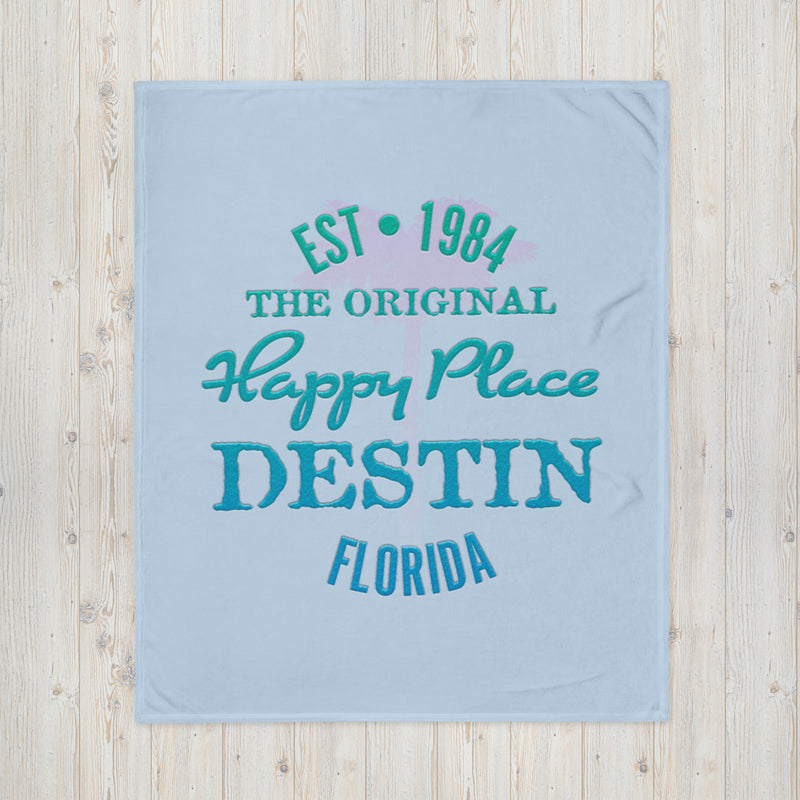 Destin Florida Throw Blanket Beach is my happy place carolina blue pink palm tree emerald blue embossed print 50 by 60 inches
