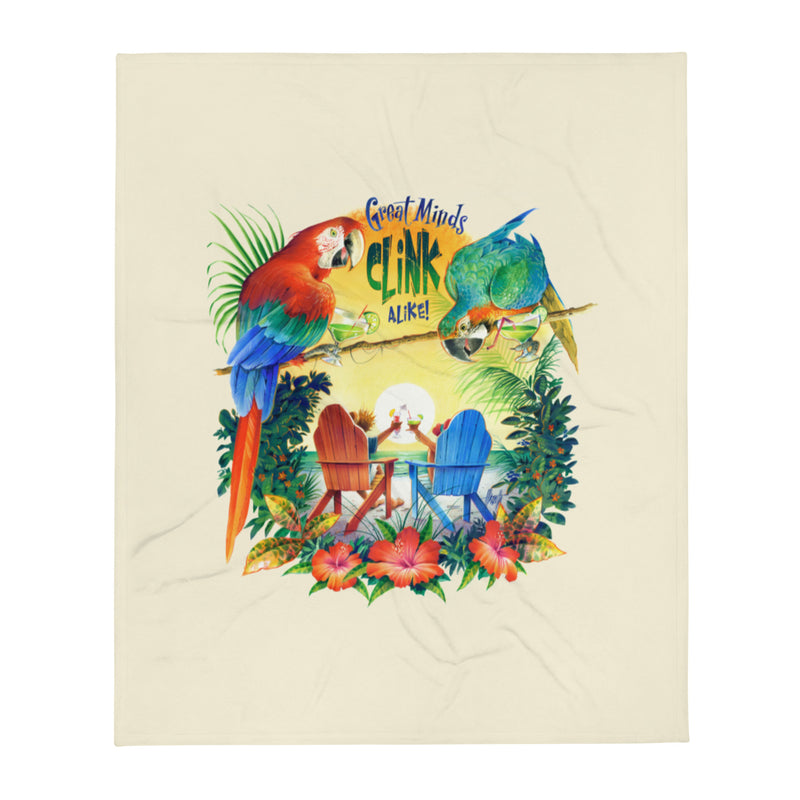 Great Minds Clink Alike 50 by 60 inches Parrot Macaw Jimmy Buffett Margarita Beach Blanket Adirondack Chairs Blue Red Sunset