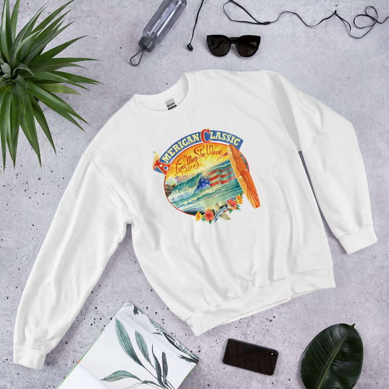 Unisex Patriotic Long May She Wave Longboard Surfing Sweatshirt USA Fourth of July 4th Fleece red white & Blue