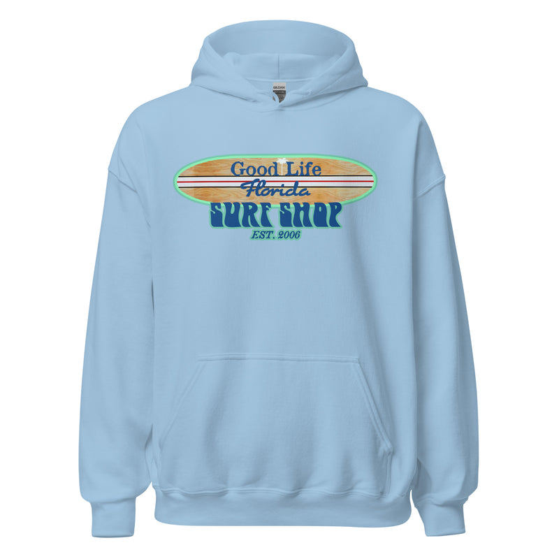 Unisex Soft Style Good Life Longboard Florida Surf Shop Beach Hoodie Light Blue Palm Tree