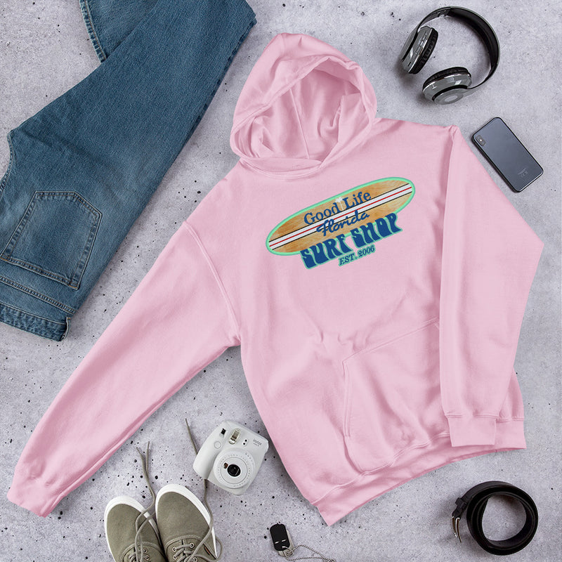 Unisex Good Life Florida Surf Shop Hoodie Ron Jon Style Longboard Surfboard Est 2006 Pink