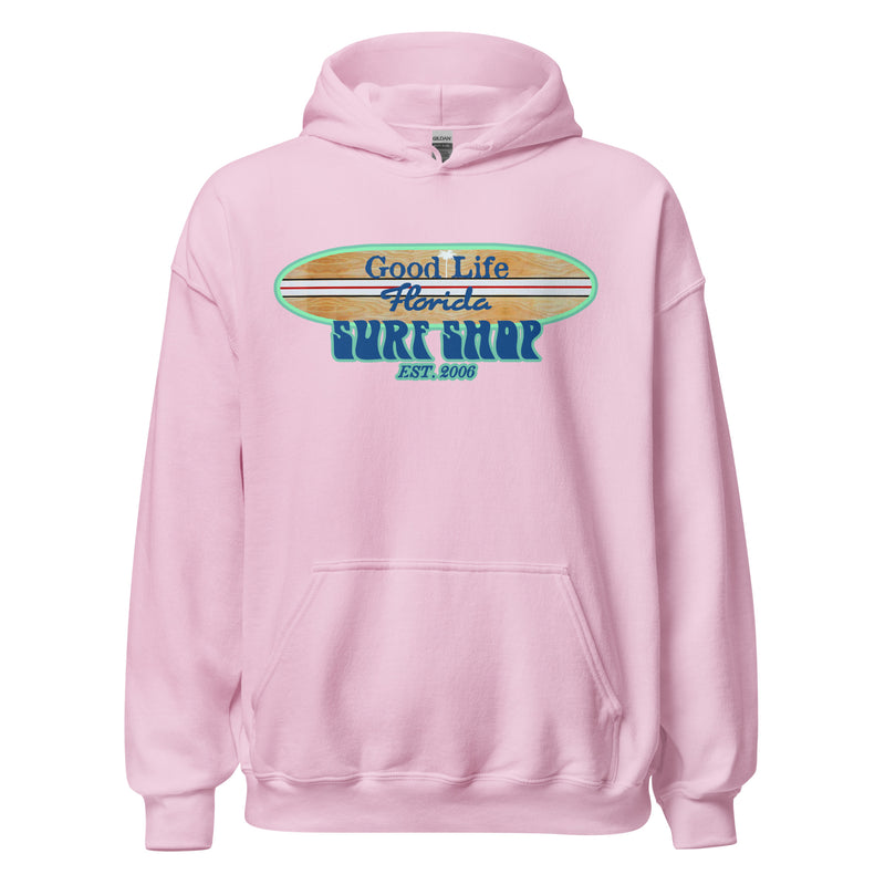 Unisex Soft Style Good Life Longboard Florida Surf Shop Beach Hoodie Light Pink Palm Tree
