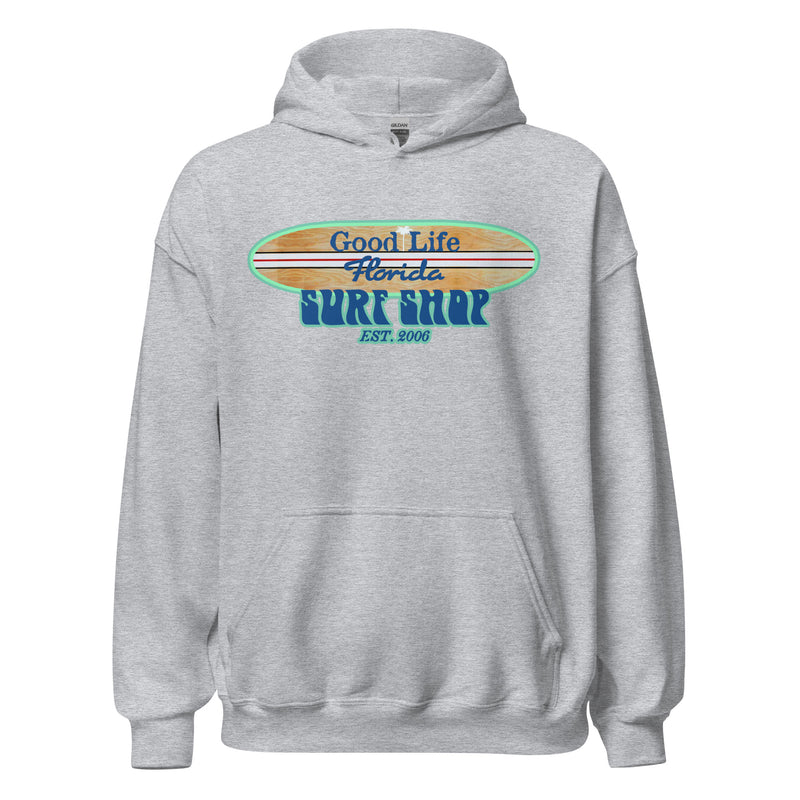 Unisex Soft Style Good Life Longboard Florida Surf Shop Beach Hoodie Heather Grey Palm Tree