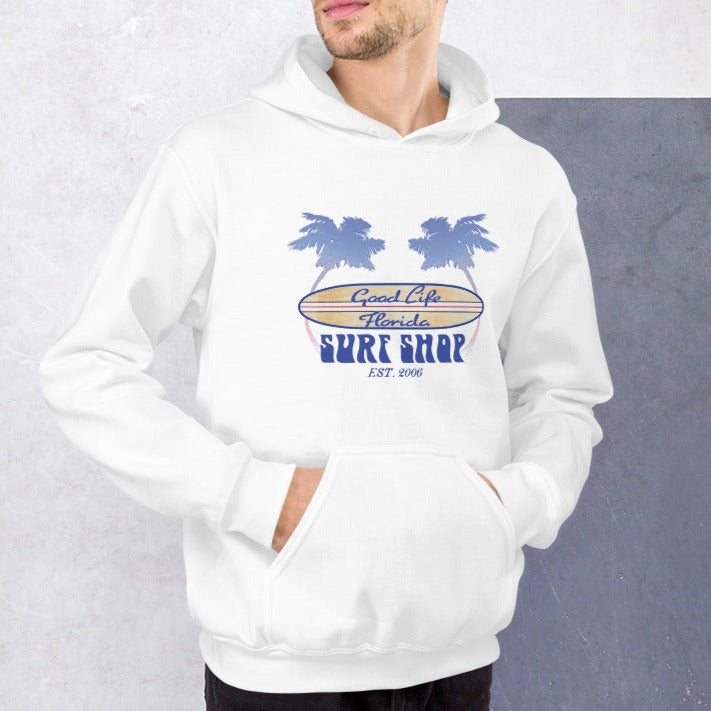 Good Life Surf Shop Beach Hoodie Longboard Unisex Fleece Surfboard Ron Jon Florida Cocoa Beach Sweatshirts