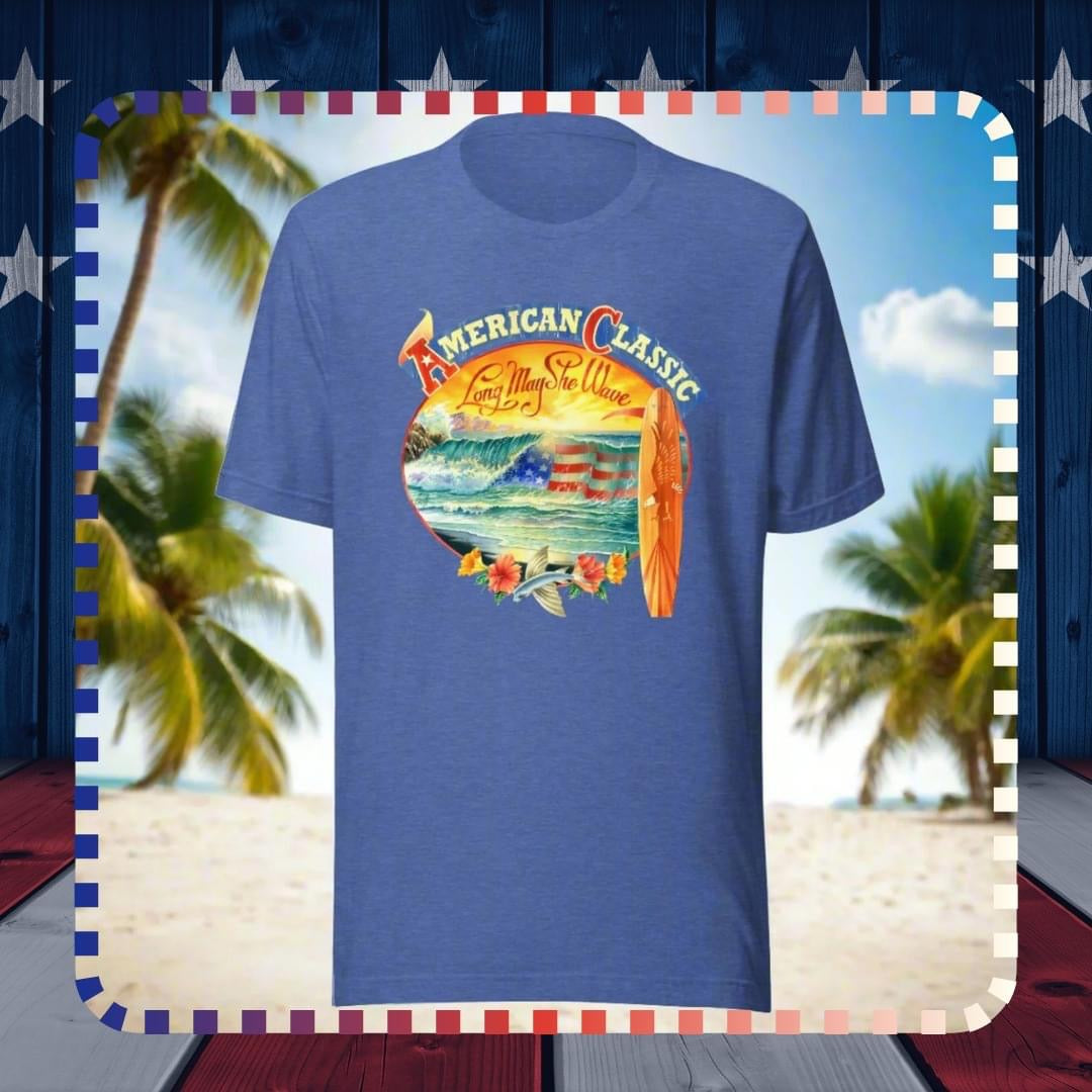American Classic Beach T-Shirt Vintage Longboard Surf Patriotic Tee