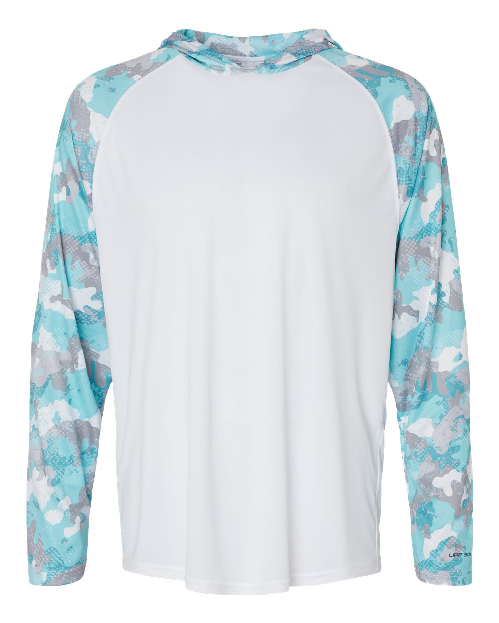 Performance UPF Hoodie with Blue Camo Sleeves & Hood White Aqua / 4XL