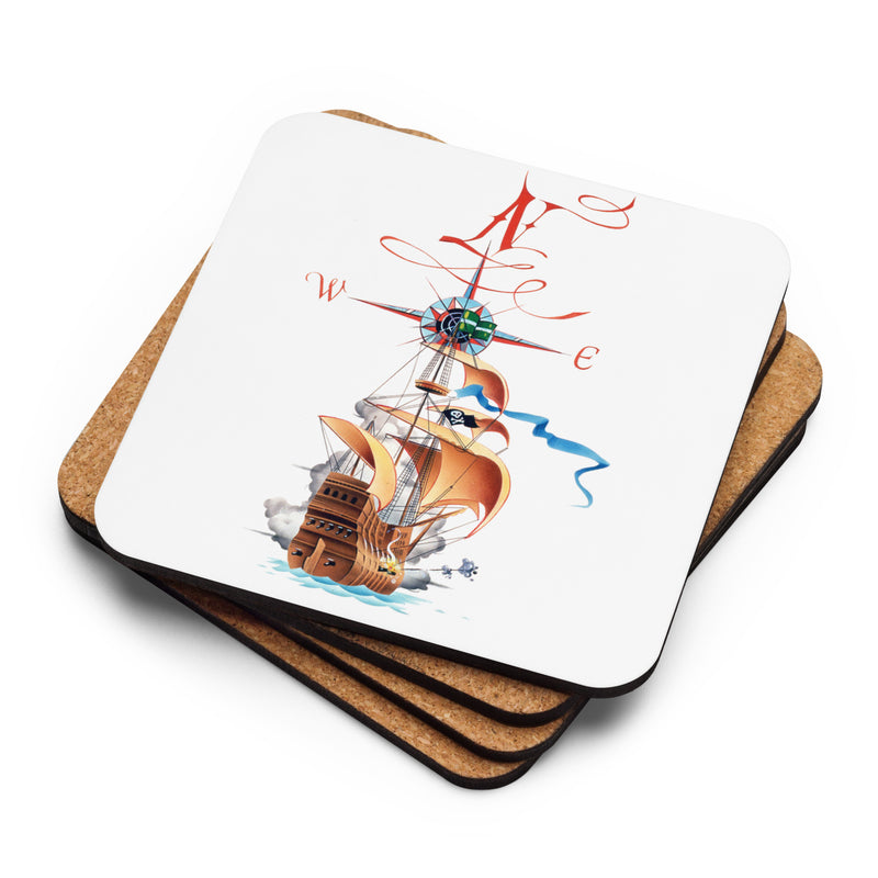 Pirate Ship Compass Cork-back coaster