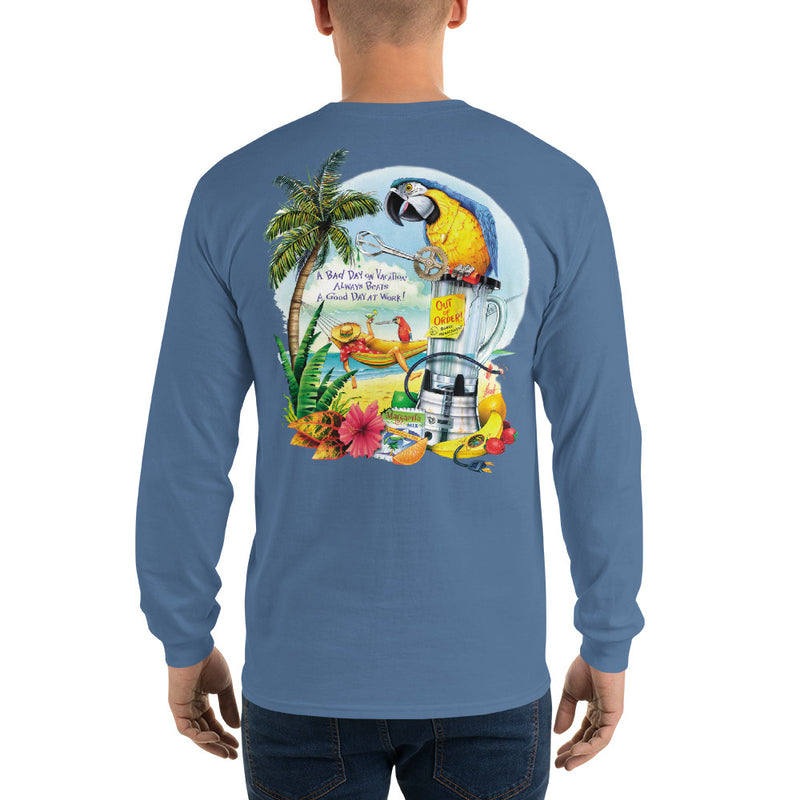 Mens Long Sleeve Broken Blender Parrot Margarita Hammock Beach T-Shirt Jimmy Buffett Tropical Style