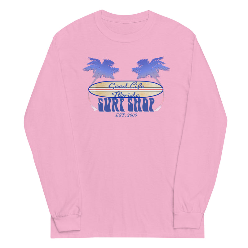 Men's Cut Good Life Surf Shop Palm Tree Longboard Long Sleeve Tee Shirt