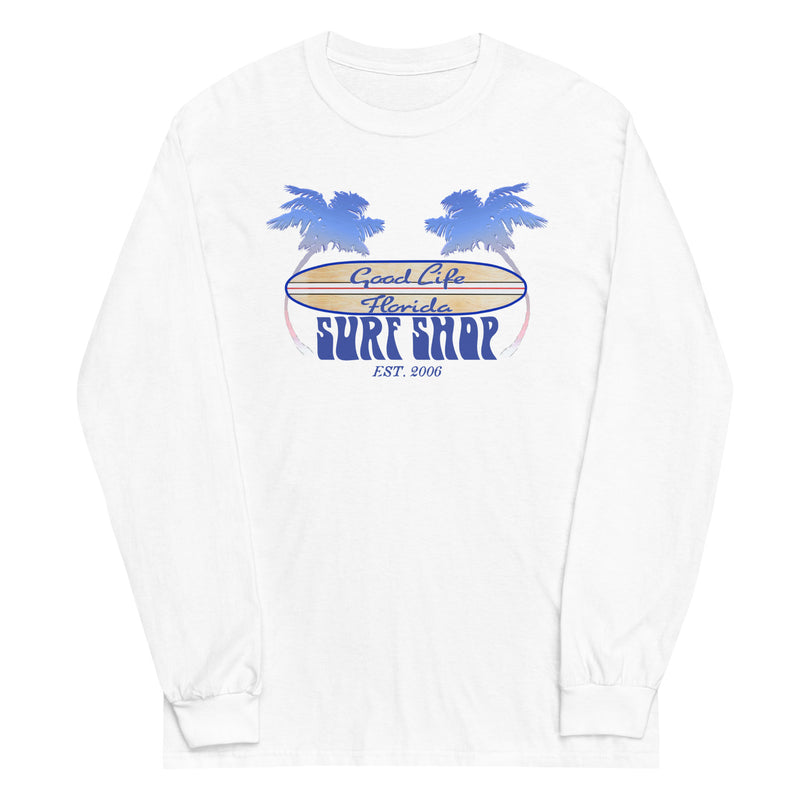 Men's Cut Good Life Surf Shop Palm Tree Longboard Long Sleeve Tee Shirt
