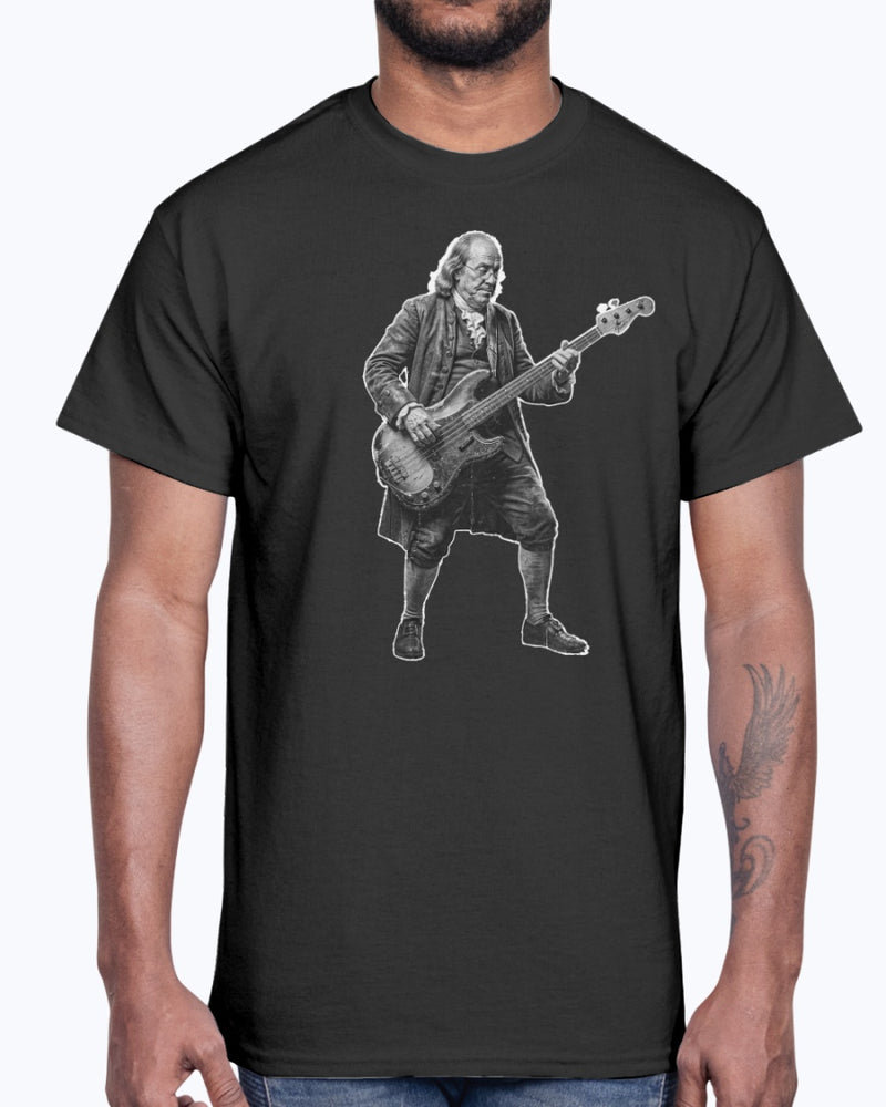 Ben Franklin Slappin the Bass Guitar Black & White Tee Shirt