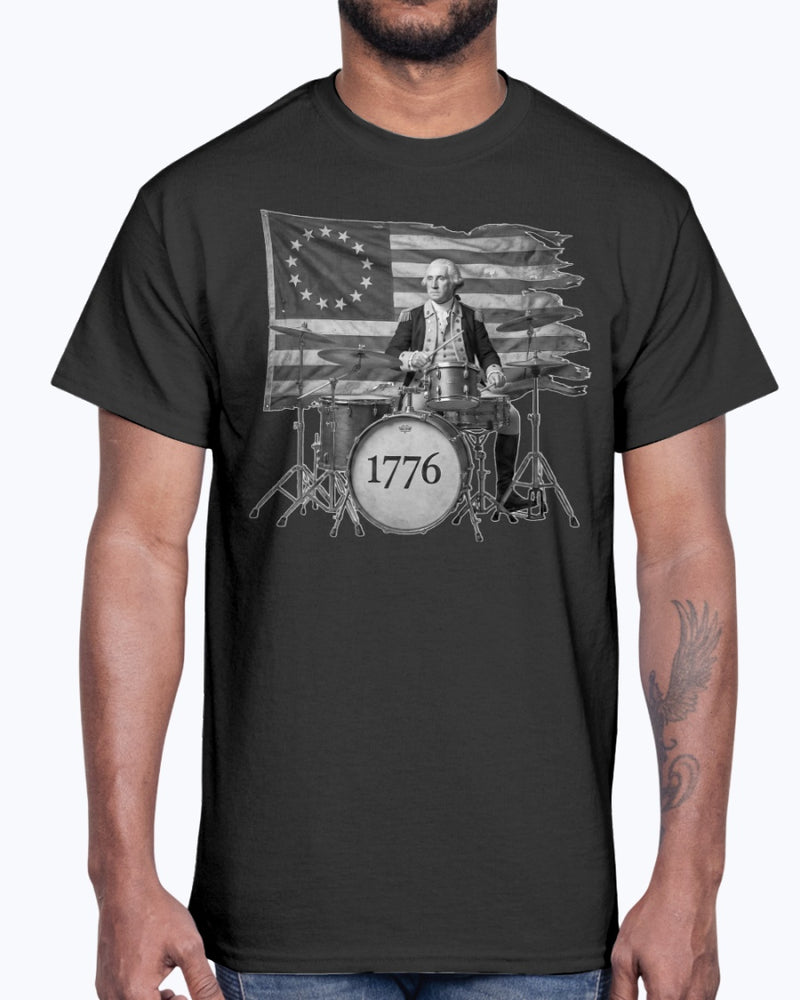 George Washington 1776 Black & White Pounding Skins Drumming T-Shirt