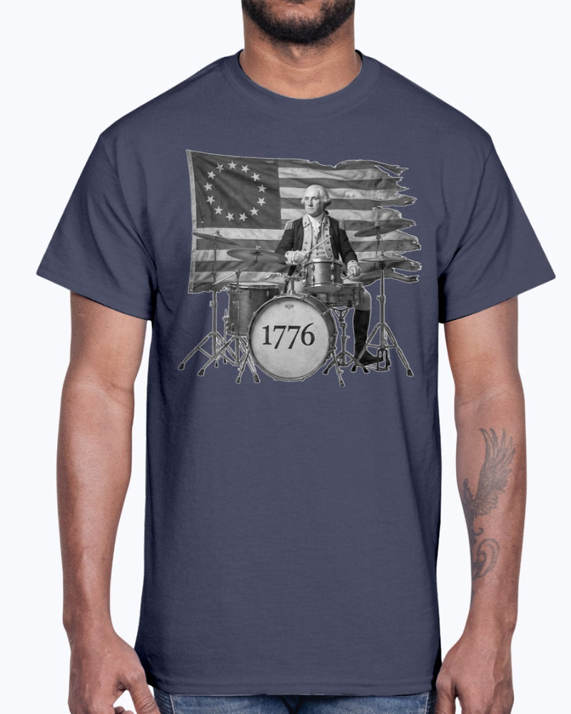 George Washington 1776 Black & White Pounding Skins Drumming T-Shirt