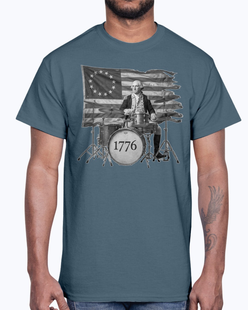 George Washington 1776 Black & White Pounding Skins Drumming T-Shirt