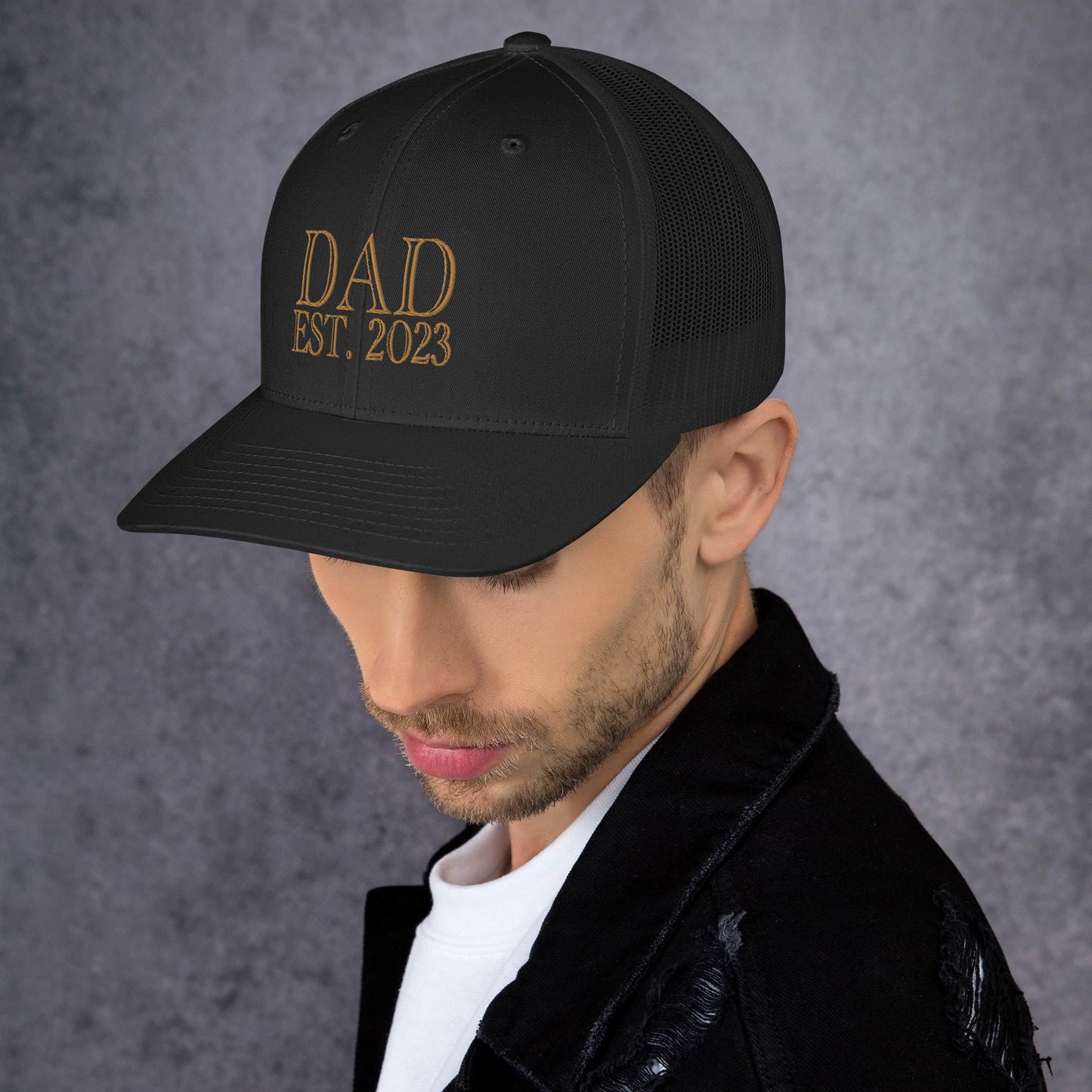 Dad Est 2023 Established Hat Cap Embroidered Gold Mesh Back Adjustable