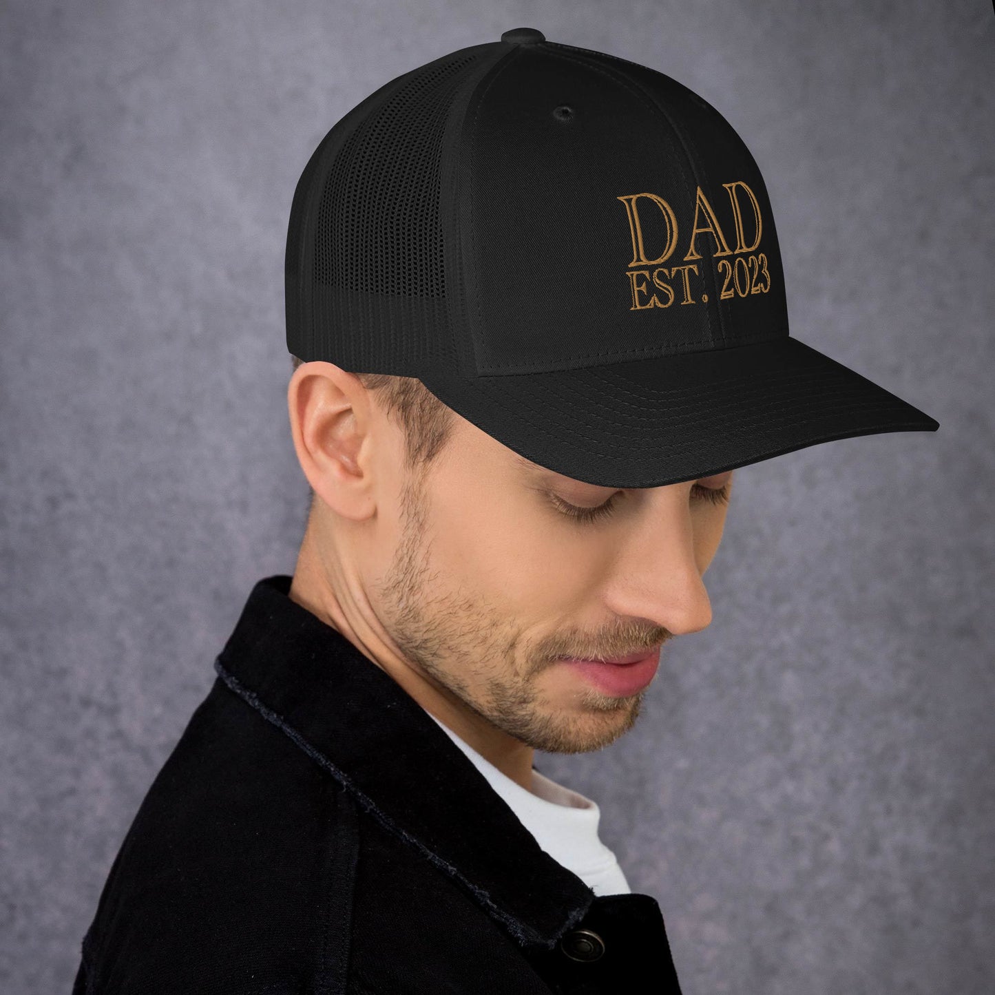 Dad Est 2023 Established Hat Cap Embroidered Gold Mesh Back Adjustable