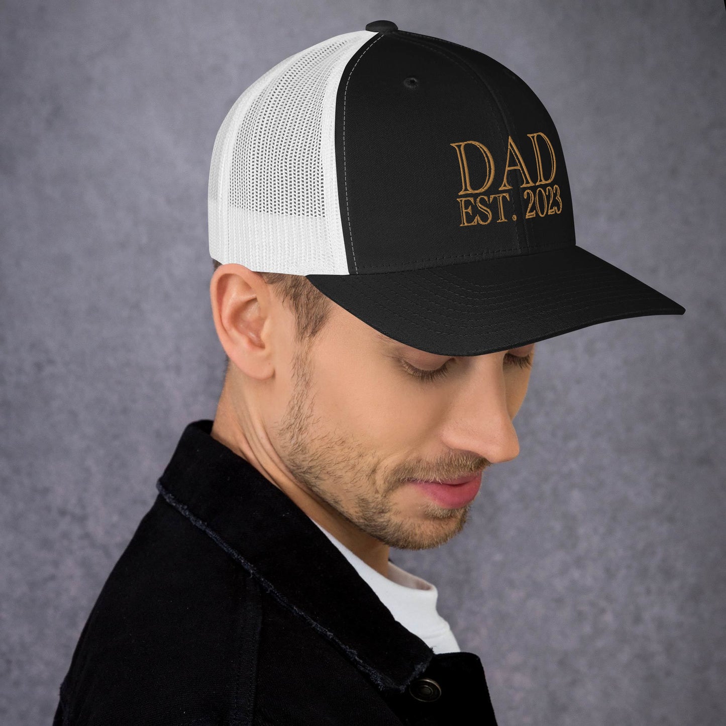 Dad Est 2023 Established Hat Cap Embroidered Gold Mesh Back Adjustable