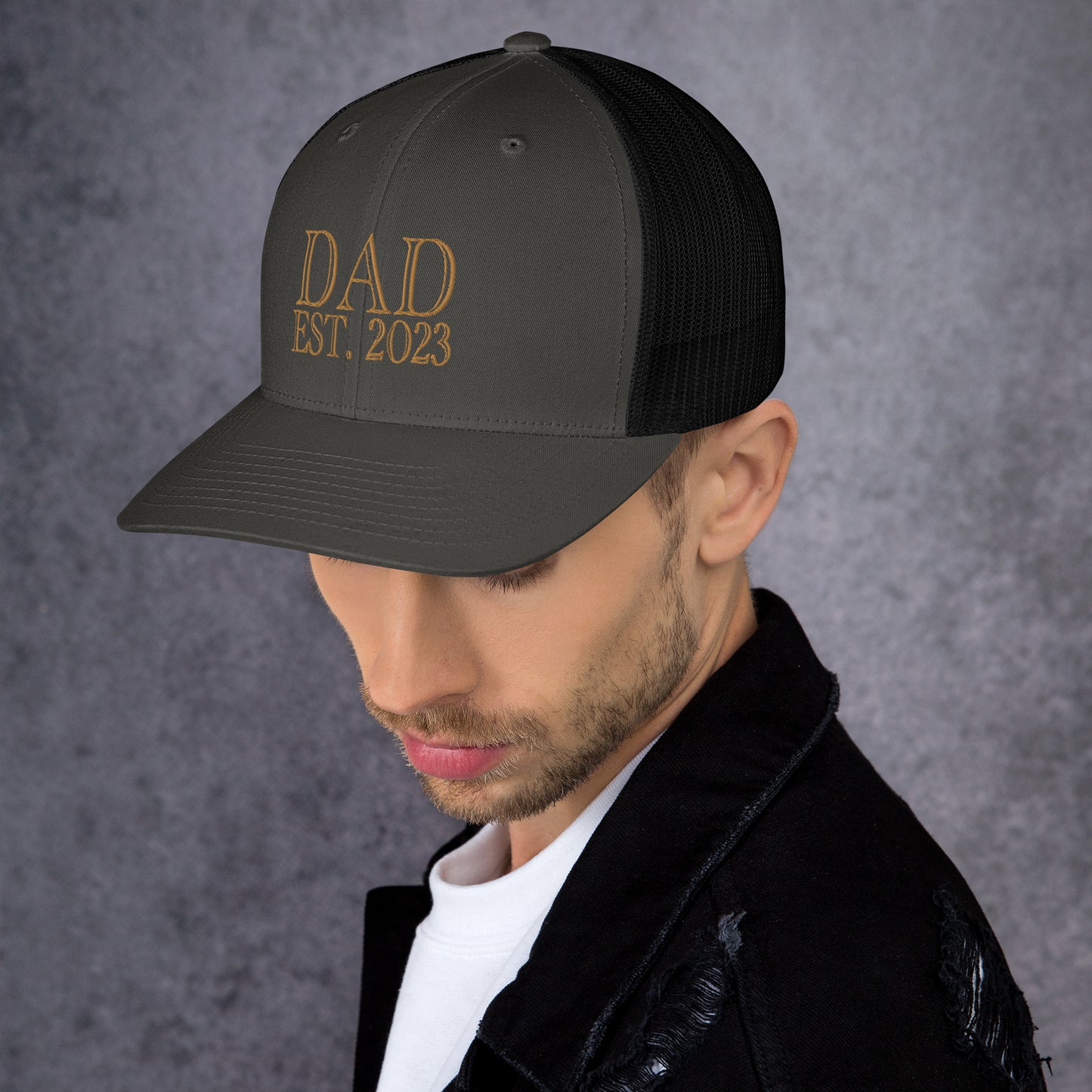 Dad Est 2023 Established Hat Cap Embroidered Gold Mesh Back Adjustable