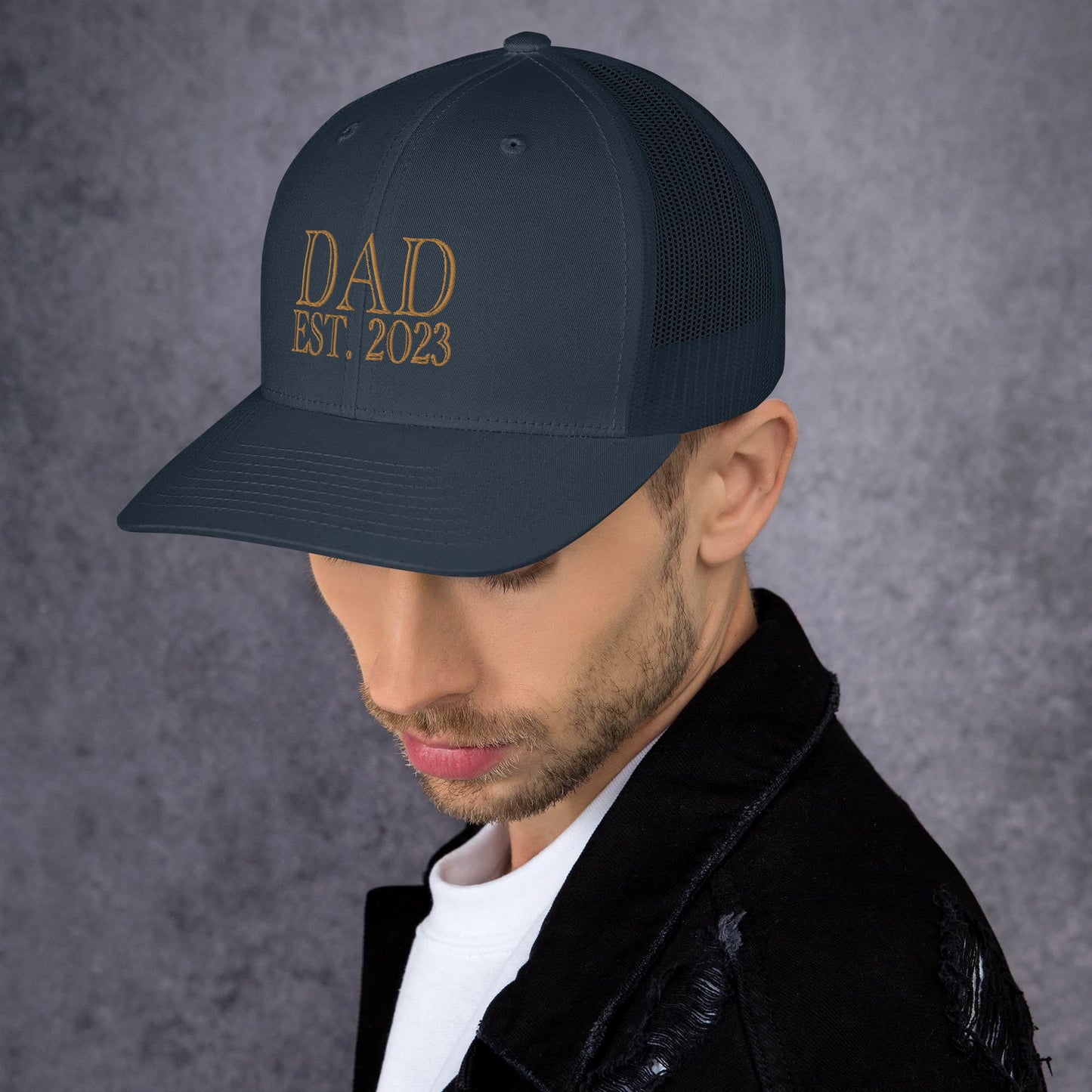 Dad Est 2023 Established Hat Cap Embroidered Gold Mesh Back Adjustable