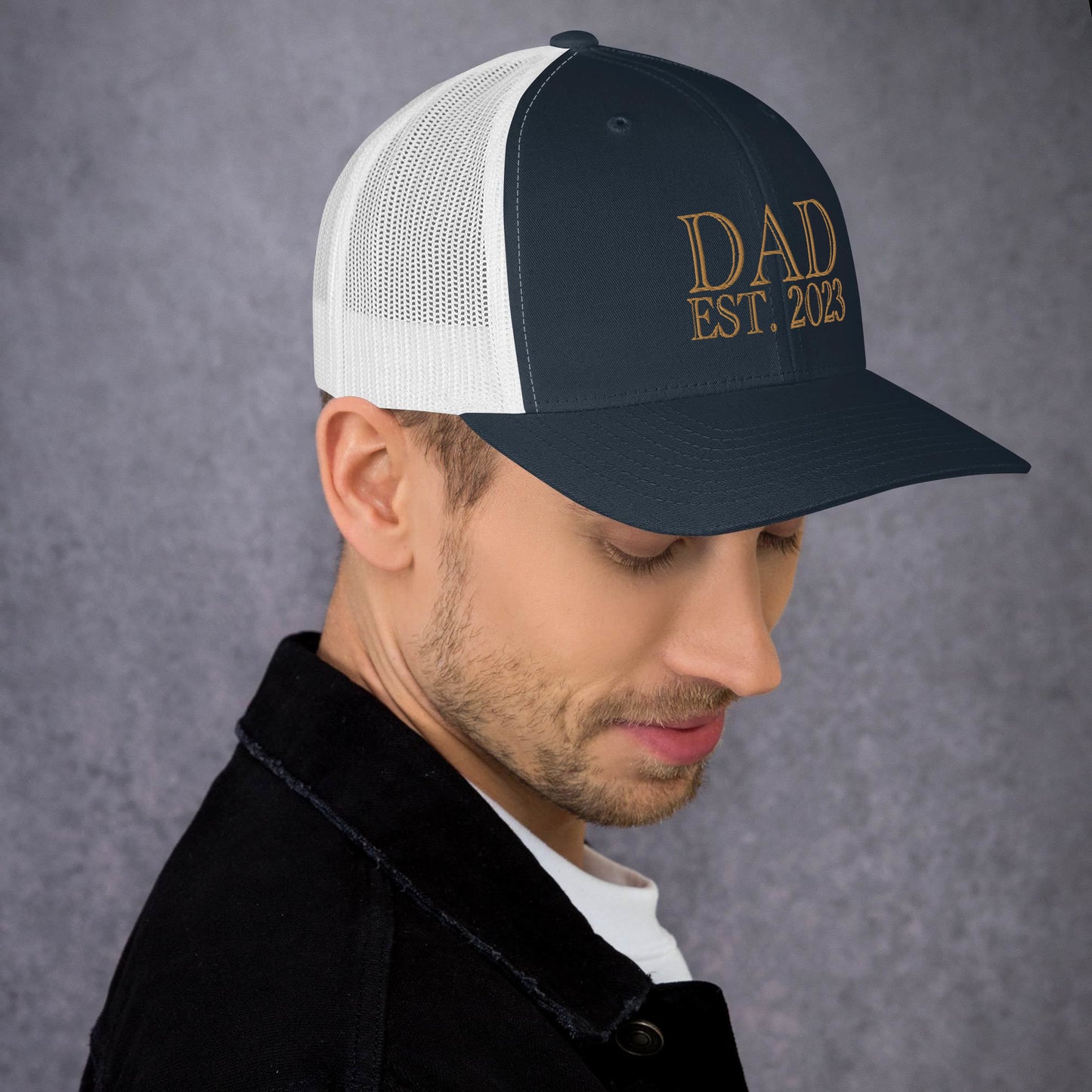 Dad Est 2023 Established Hat Cap Embroidered Gold Mesh Back Adjustable