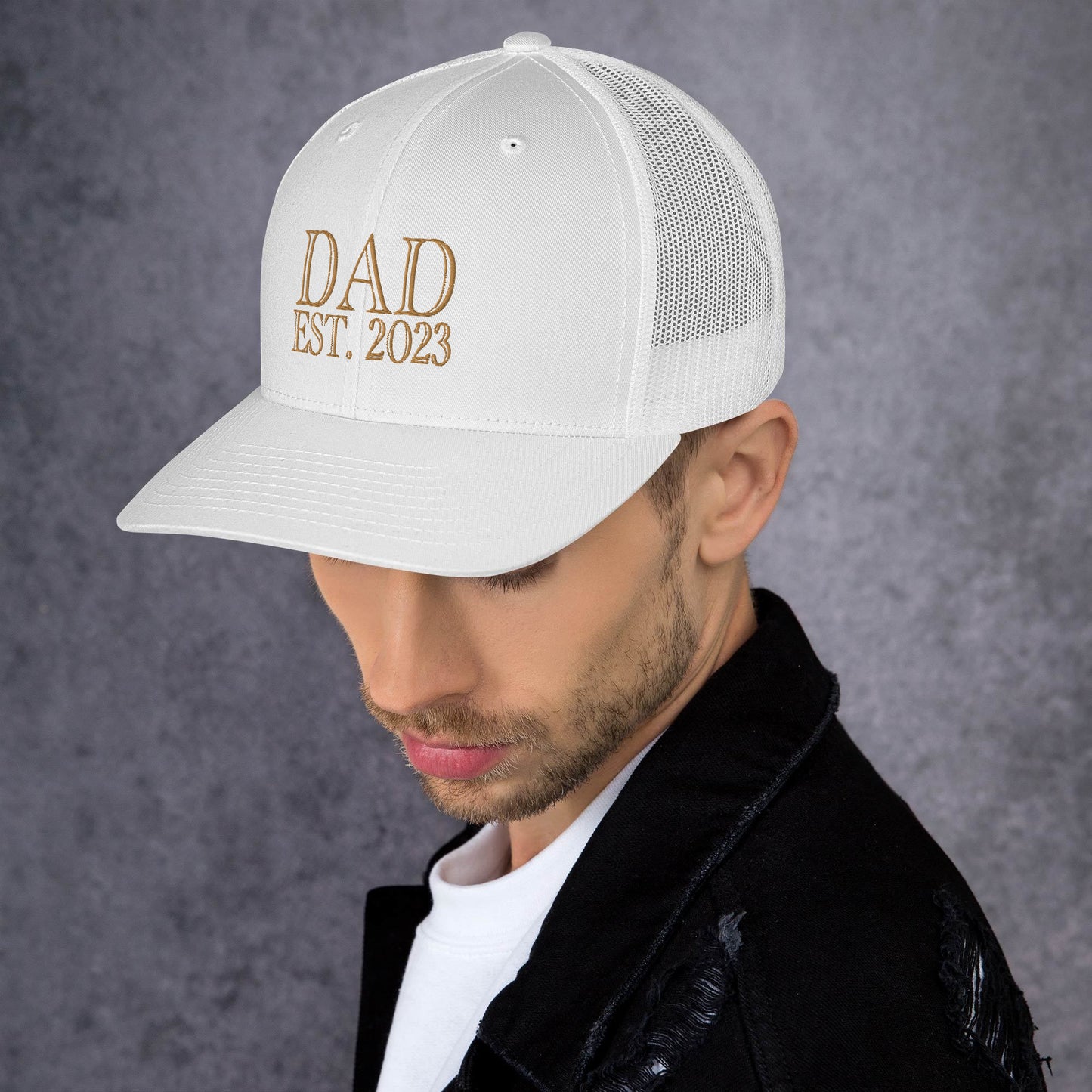 Dad Est 2023 Established Hat Cap Embroidered Gold Mesh Back Adjustable