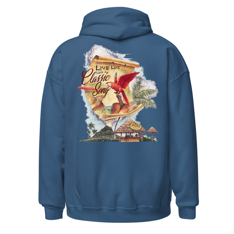 Unisex Beach Hoodie Live Life Like a Classic Song Jimmy Buffett Style volcano hoody tiki bar hammock parrot guitar