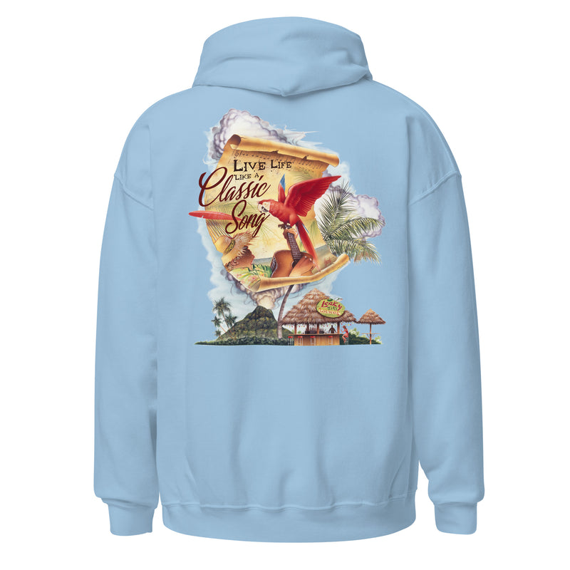 Unisex Beach Hoodie Live Life Like a Classic Song Jimmy Buffett Style volcano hoody tiki bar hammock parrot guitar