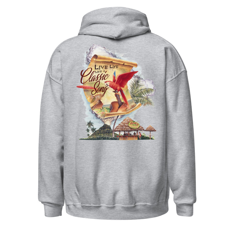 Unisex Beach Hoodie Live Life Like a Classic Song Jimmy Buffett Style volcano hoody tiki bar hammock parrot guitar