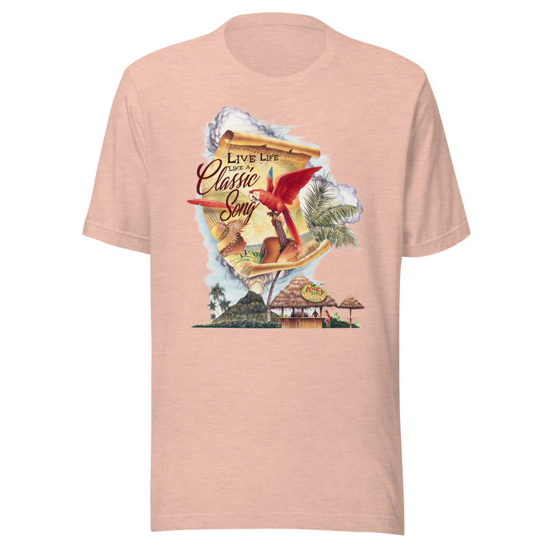 Unisex Lightweight Mens Cut Live Life Like A Classic Song Parrot Beach T-shirt Jimmy Buffett Parrot Macaw Beach Volcano Map tiki Hut