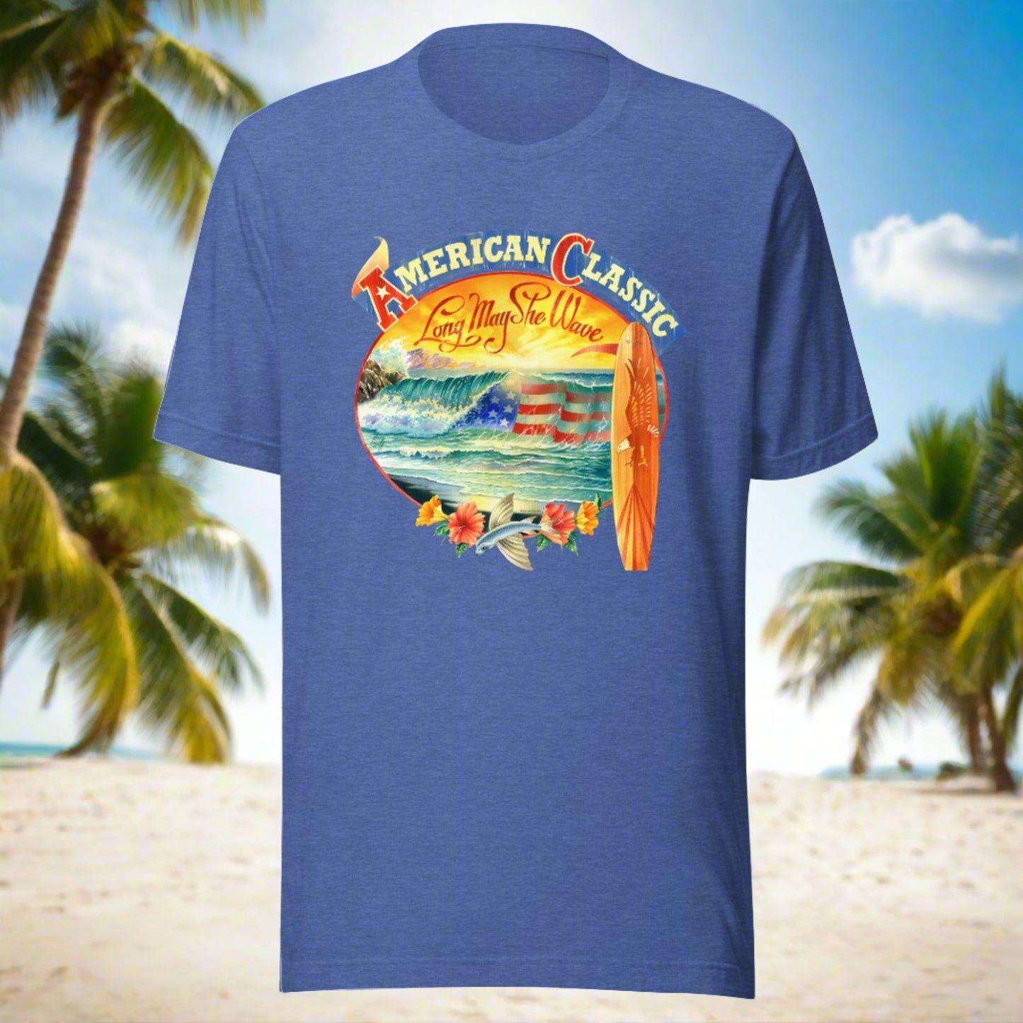 American Classic Beach T-Shirt Vintage Longboard Surf Patriotic Tees Fourth of July Red White & Blue