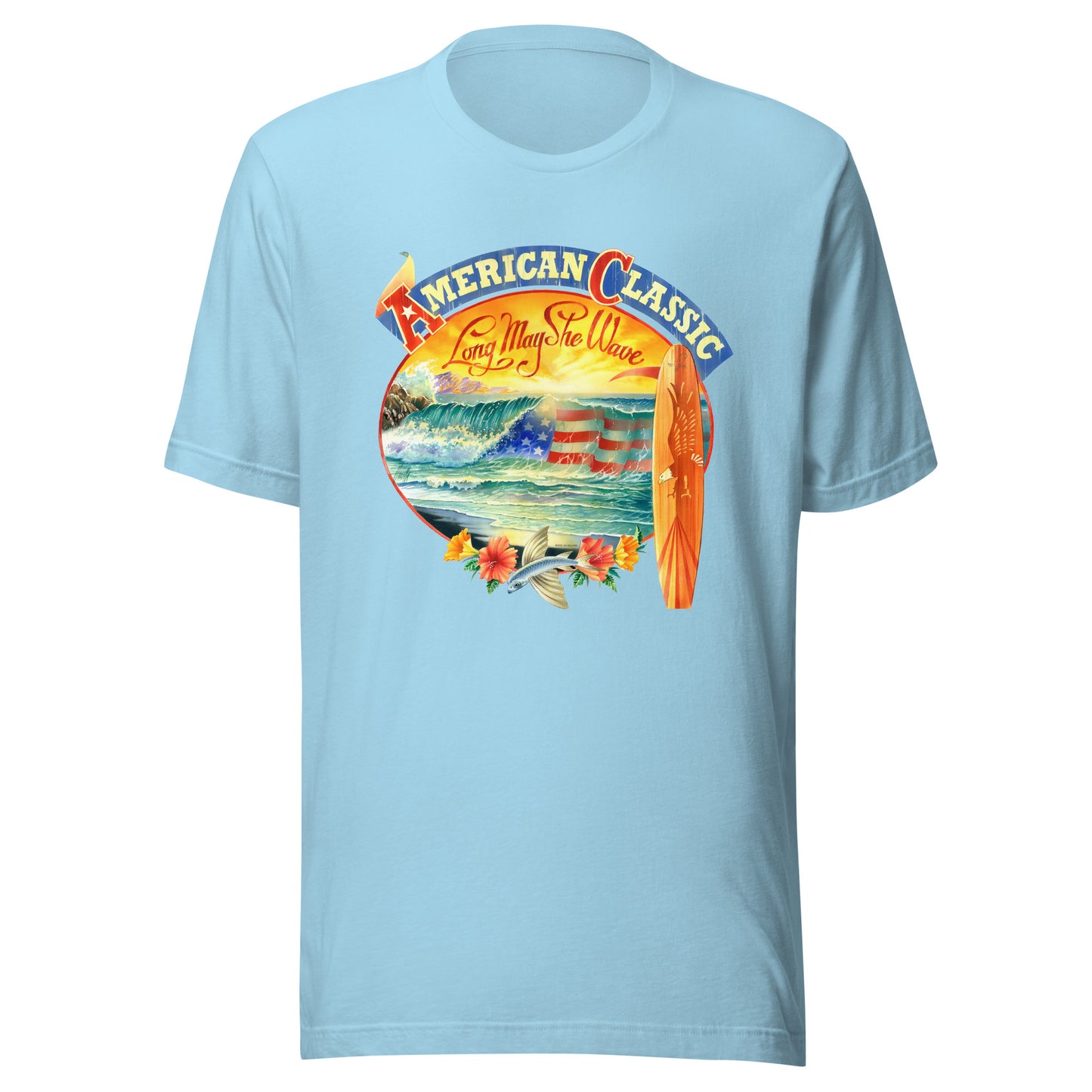 American Classic Beach T-Shirt Vintage Longboard Surf Patriotic Tees Fourth of July Red White & Blue