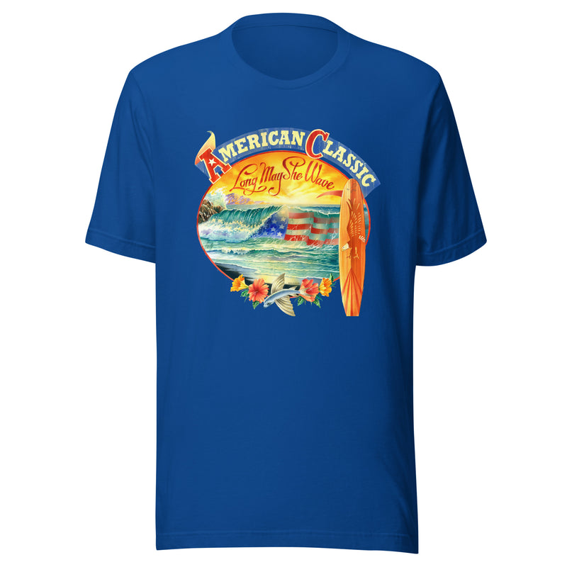 American Classic Beach T-Shirt Vintage Longboard Surf Patriotic Tees Fourth of July Red White & Blue
