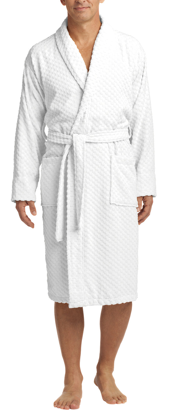 Luxury White Checkered Terry Shawl Cotton Bathrobe for Men & Women Loungewear