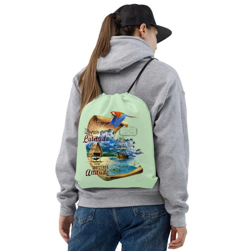 Exclusive Lower Latitude Better Attitude Cinch Drawstring Beach Bag Jimmy Buffett Parrot Parrothead Gifts Gift Caribbean Soul Pirate Ship Map Compass Vintage