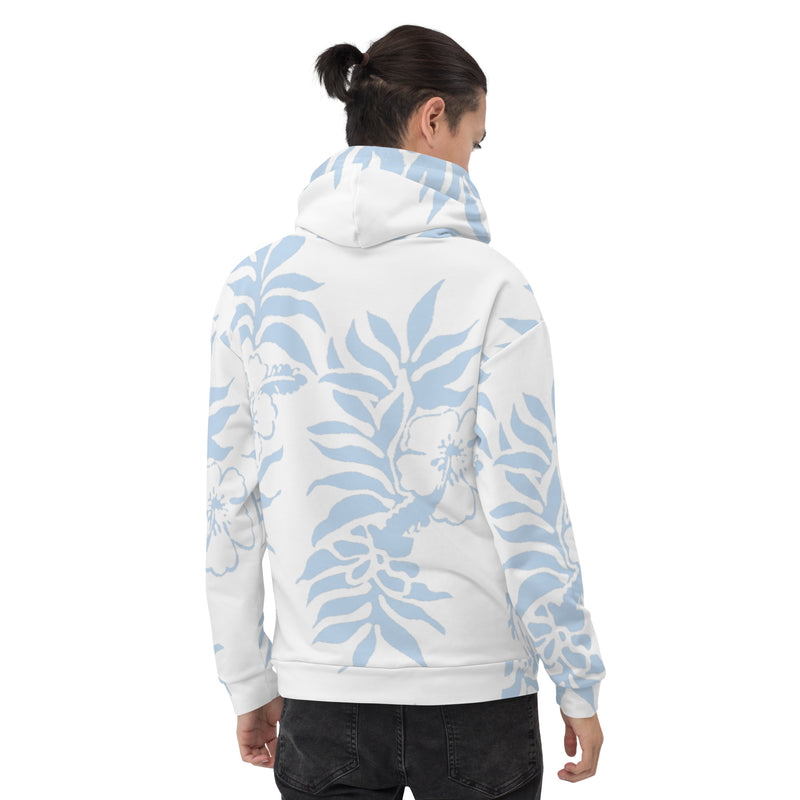 Floral Hibiscus Carolina Blue Fleece Hawaiian Pullover Beach Hoodie Tropical Island Gifts for Him and her