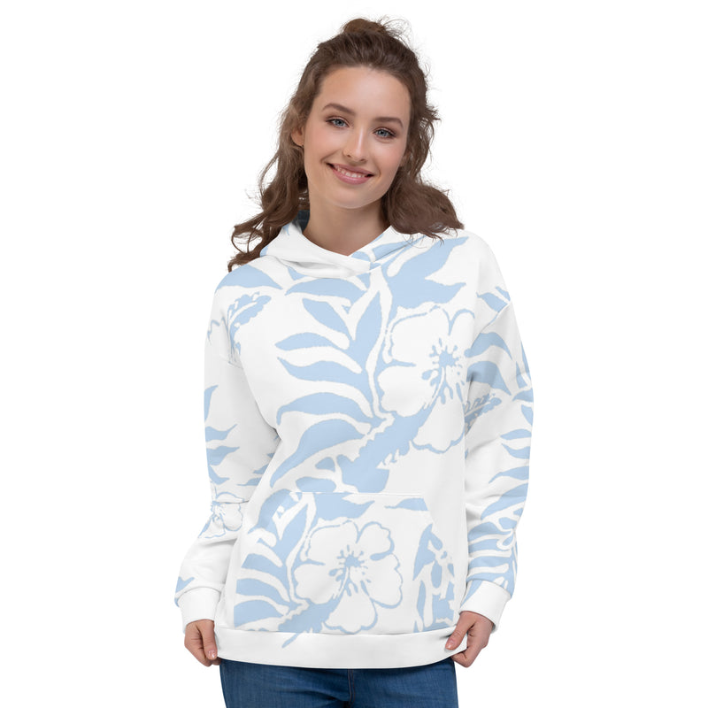 Floral Hibiscus Carolina Blue Fleece Hawaiian Pullover Hoodie