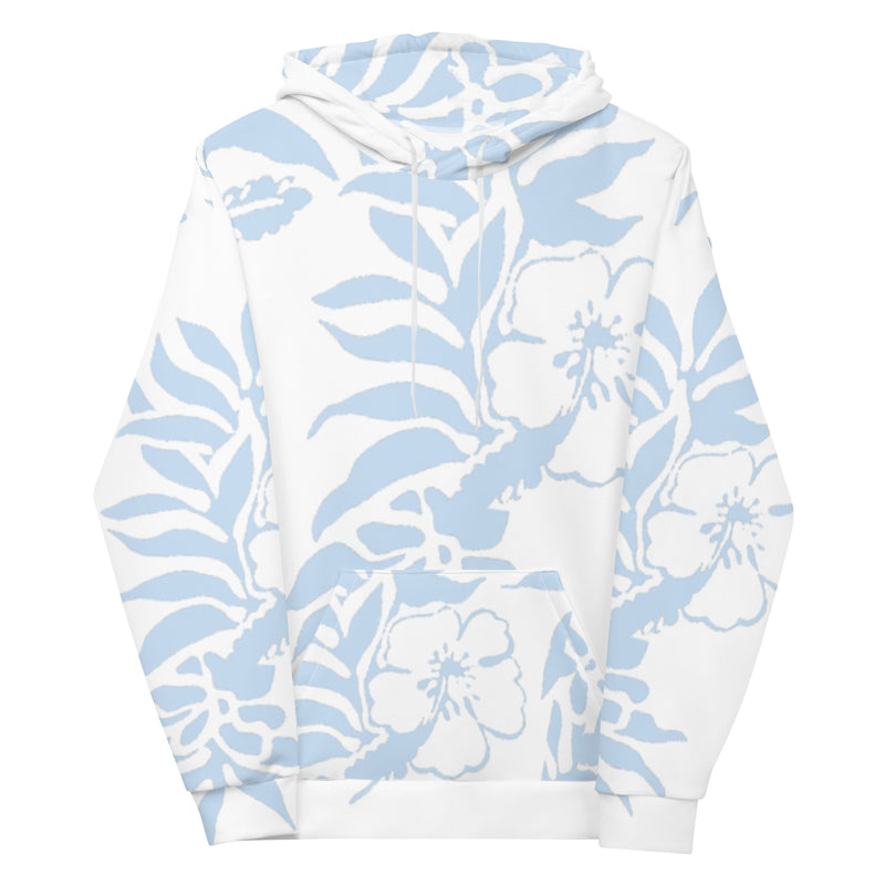 Floral Hibiscus Carolina Blue Fleece Hawaiian Pullover Beach Hoodie Tropical Island Gifts for Him and her