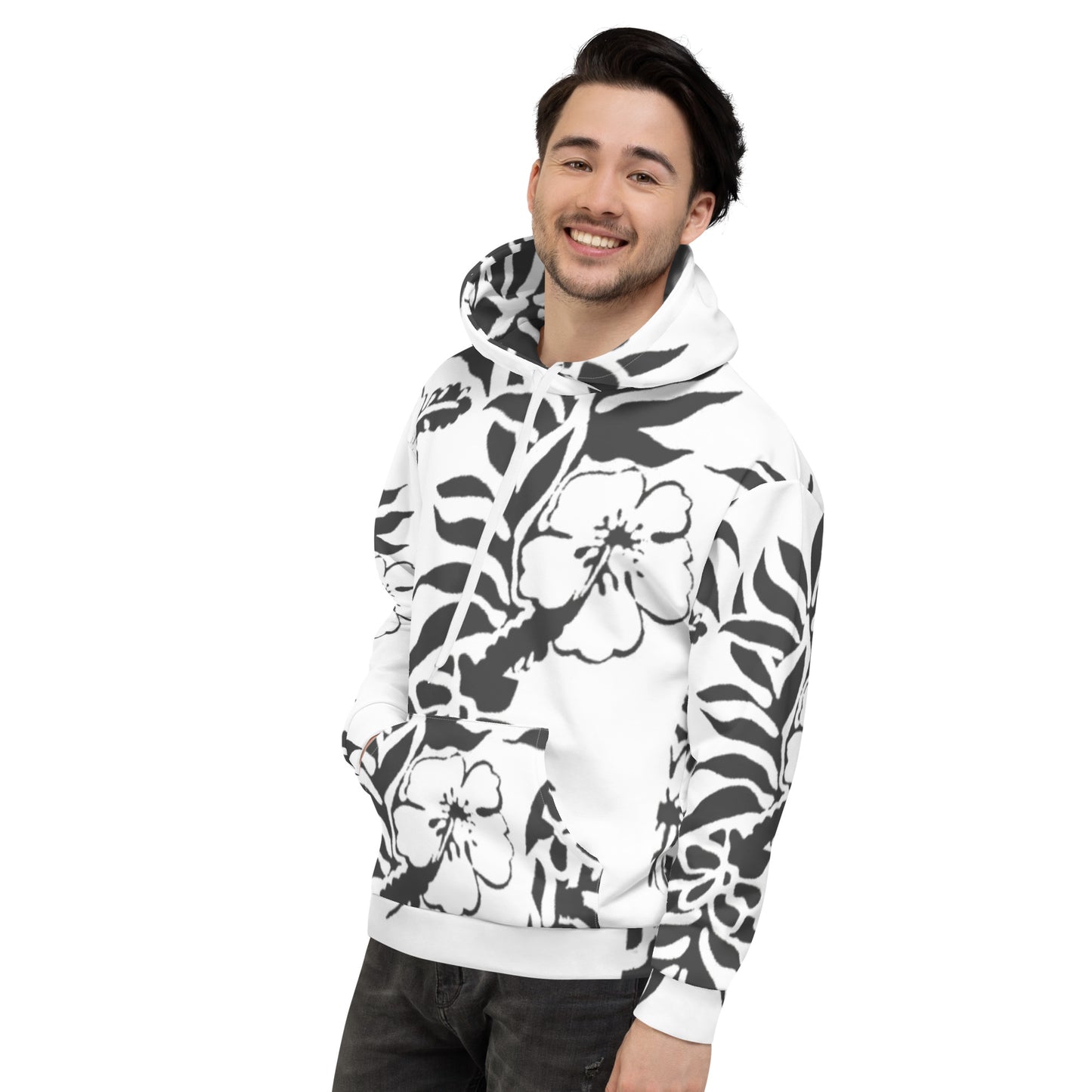 Unisex Floral Faded Black Hibiscus Tropical Beach Fleece Hawaiian Hoodie