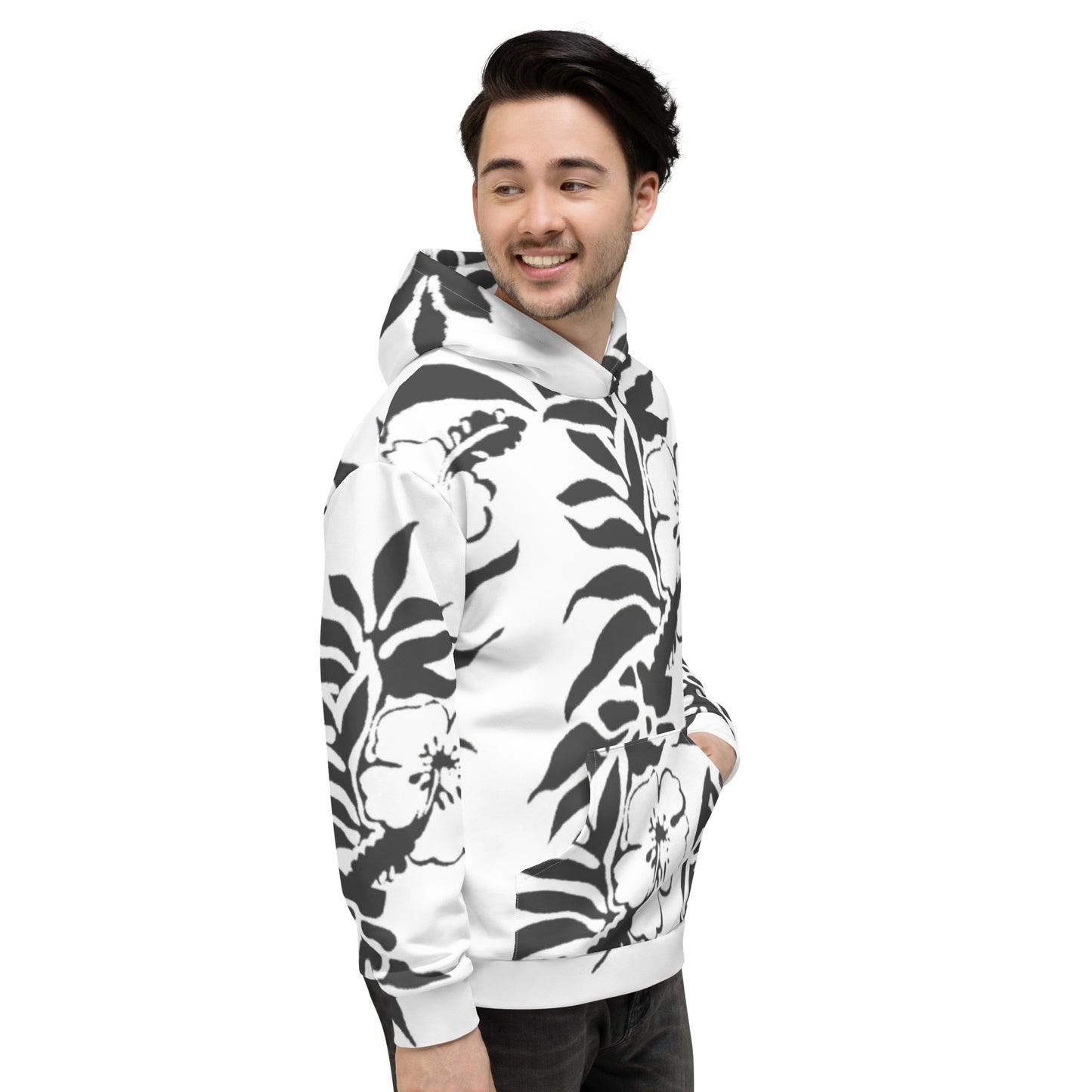 Unisex Floral Faded Black Hibiscus Tropical Beach Fleece Hawaiian Hoodie