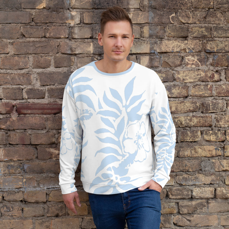 Unisex Floral Hibiscus Carolina Blue Hawaiian Pullover Beach Sweatshirt