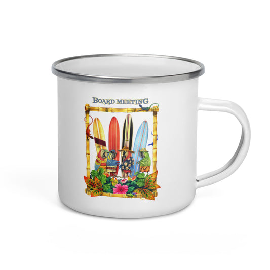 Exclusive Board Meeting Parrots Surfing Enamel Coffee Mug