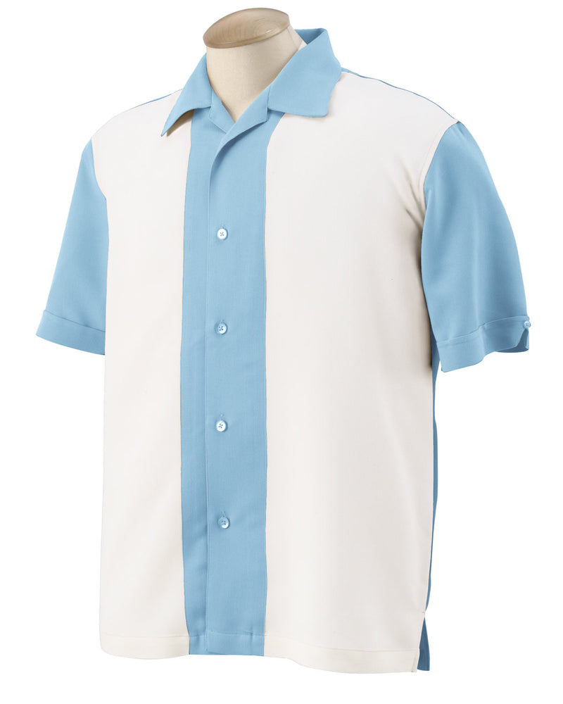 Relaxed Fit Retro Bowling Shirts for Men Charlie Sheen Charley Harper Vintage 50s Panel Light Blue