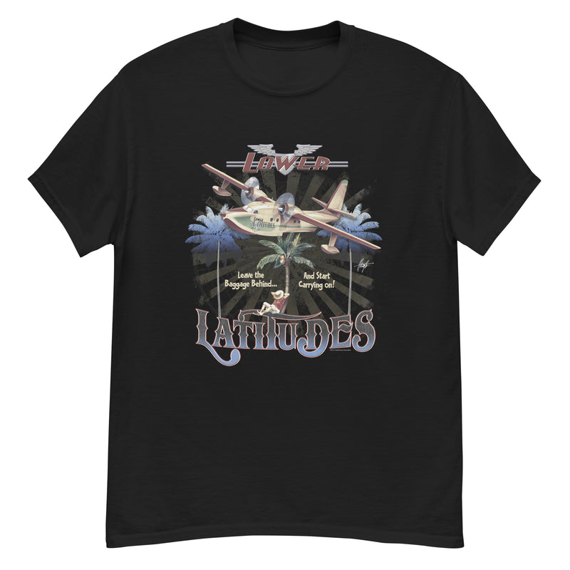 Men's Lower Latitudes Leave The Baggage Behind T-Shirt Jimmy Buffett Style Seaplane Palm Trees Black