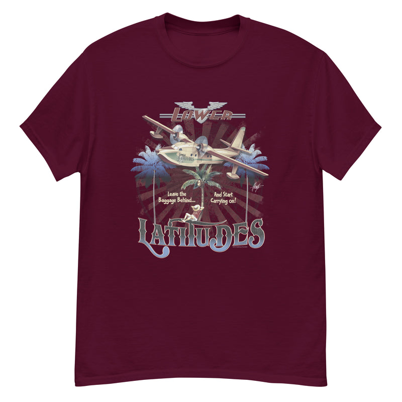 Men's Lower Latitudes Leave The Baggage Behind T-Shirt Jimmy Buffett Style Seaplane Palm Trees Maroon