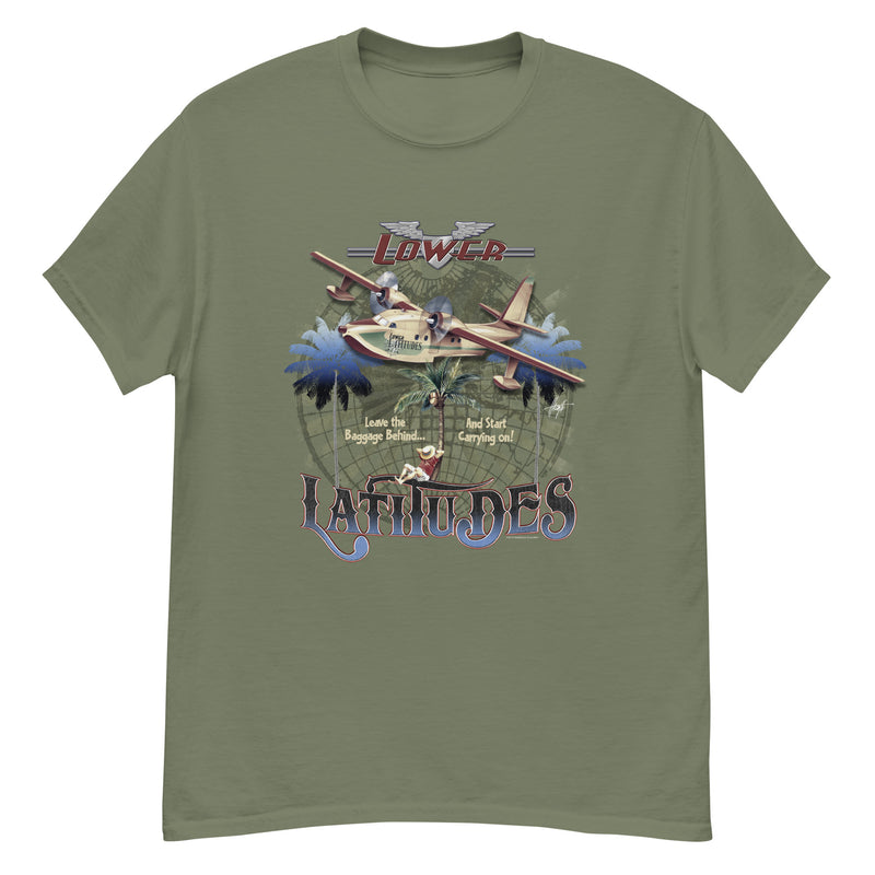 Men's Lower Latitudes Leave The Baggage Behind T-Shirt Jimmy Buffett Style Seaplane Palm Trees